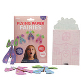 Flying Paper Fairies craft kit packaging shown with assembled paper fairies and a cardboard house.