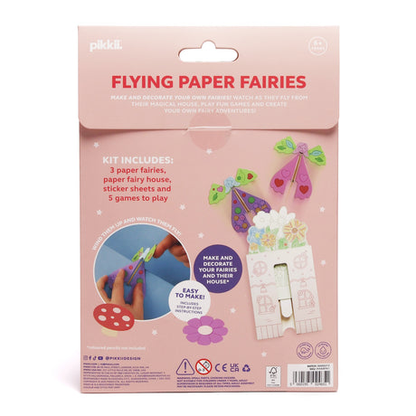 Back packaging of Flying Paper Fairies kit showing set contents, instructions, and safety labels.