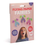 Pink packaging box for "Flying Paper Fairies" showing three colorful paper fairies and a young girl.