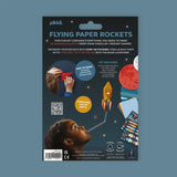 Back packaging of Pikkii Flying Paper Rockets kit, detailing contents and instructions.
