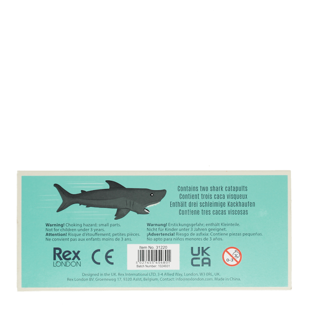 Back packaging for Rex London shark finger catapults showing safety warnings and product info.