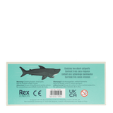 Back packaging for Rex London shark finger catapults showing safety warnings and product info.
