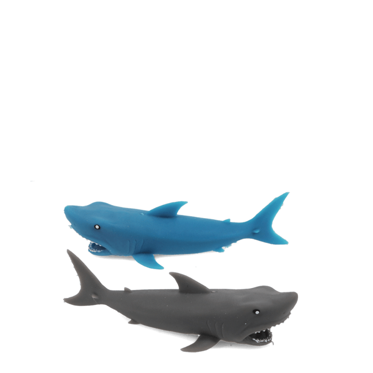 Two stretchy rubber shark finger catapult toys, one blue and one grey, against a black background.