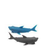 Two stretchy rubber shark finger catapult toys, one blue and one grey, against a black background.