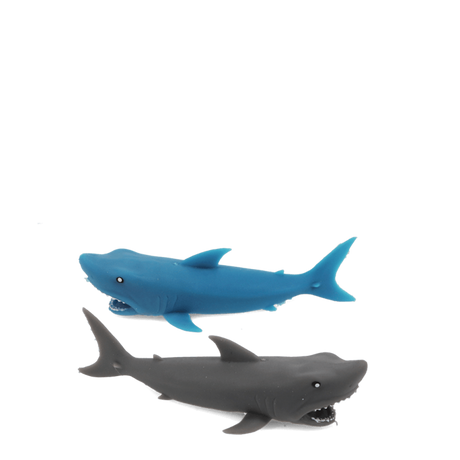 Two stretchy rubber shark finger catapult toys, one blue and one grey, against a black background.