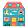Colorful illustrated dollhouse with cartoon animals peeking from windows. A dog, cat, fox, and lion are visible. Bright, playful, and inviting atmosphere.