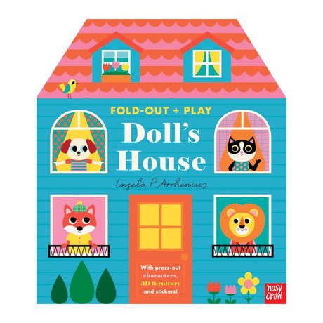 Colorful illustrated dollhouse with cartoon animals peeking from windows. A dog, cat, fox, and lion are visible. Bright, playful, and inviting atmosphere.