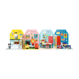 Colorful pop-up book illustration of four animal-themed rooms. Each space features playful decor with cartoon animals, vibrant hues, and cozy furnishings.