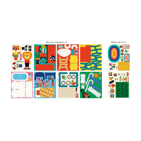 Alt text: A colorful set of eight punch-out card sheets displaying various themed designs, including animals and furniture, alongside two vibrant sticker sheets. The playful and bright designs suggest a cheerful and creative activity.