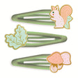 Hyacinthe forest collection set of 3 green snap hair clips with squirrel, oak leaf, and mushroom charms for girls.