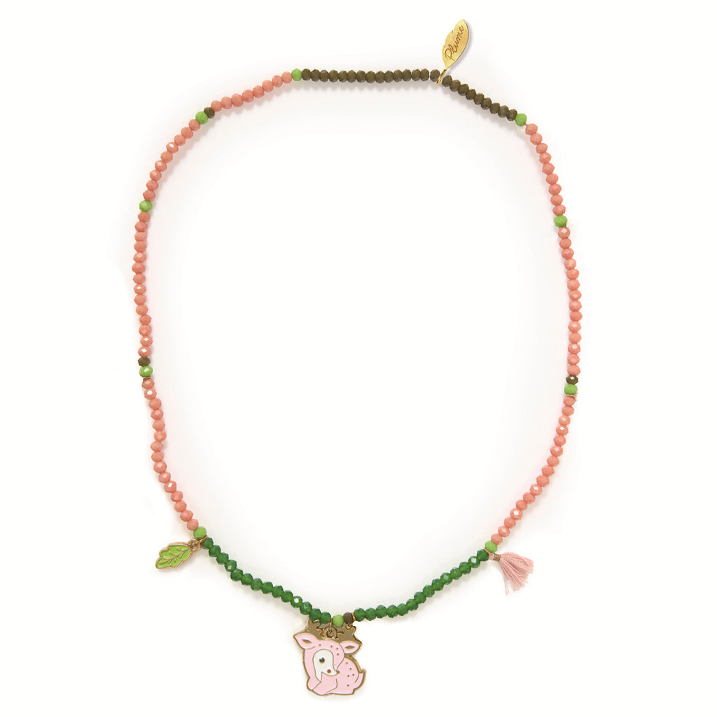 A colorful beaded necklace with pink and green beads, featuring a cute pink deer charm at the center. The necklace includes a small gold leaf and a pink tassel, creating a playful and whimsical tone.