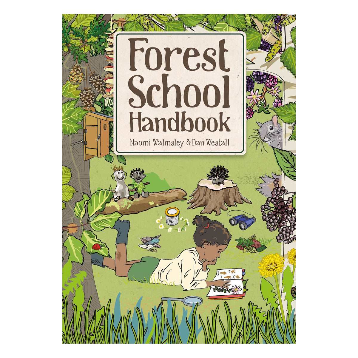 Book cover for 'Forest School Handbook' showing a child lying in the grass reading surrounded by nature.