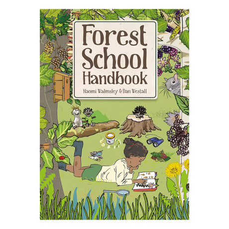 Book cover for 'Forest School Handbook' showing a child lying in the grass reading surrounded by nature.