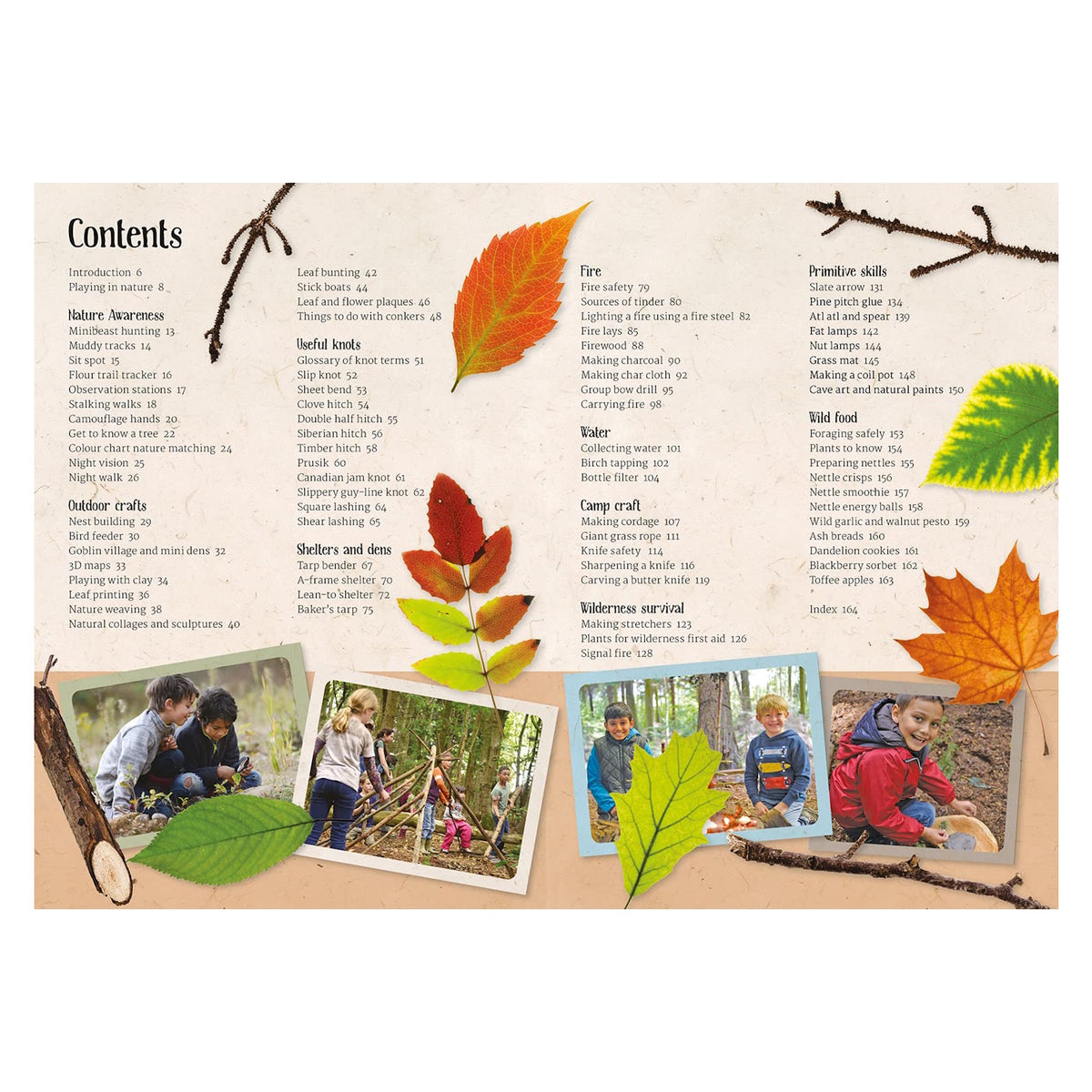 Table of contents page from a forest school book decorated with colorful leaves, twigs, and photos of outdoor activities.