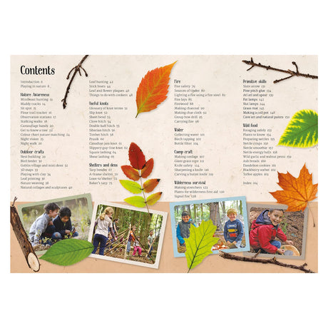Table of contents page from a forest school book decorated with colorful leaves, twigs, and photos of outdoor activities.