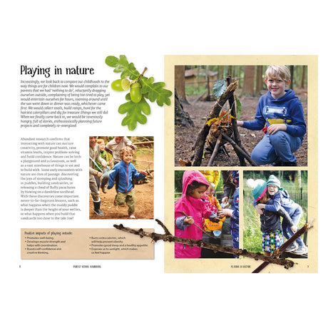 Children playing outdoors in nature alongside text and illustrations about the benefits of outdoor play.