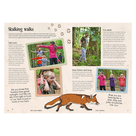 Book spread titled "Stalking walks" with photos of children practicing animal sensory techniques in the forest.