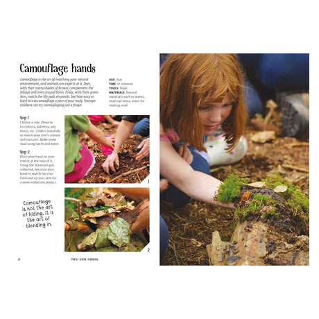 Book page titled 'Camouflage hands' with step-by-step instructions and photos of a girl covering her hand in moss.