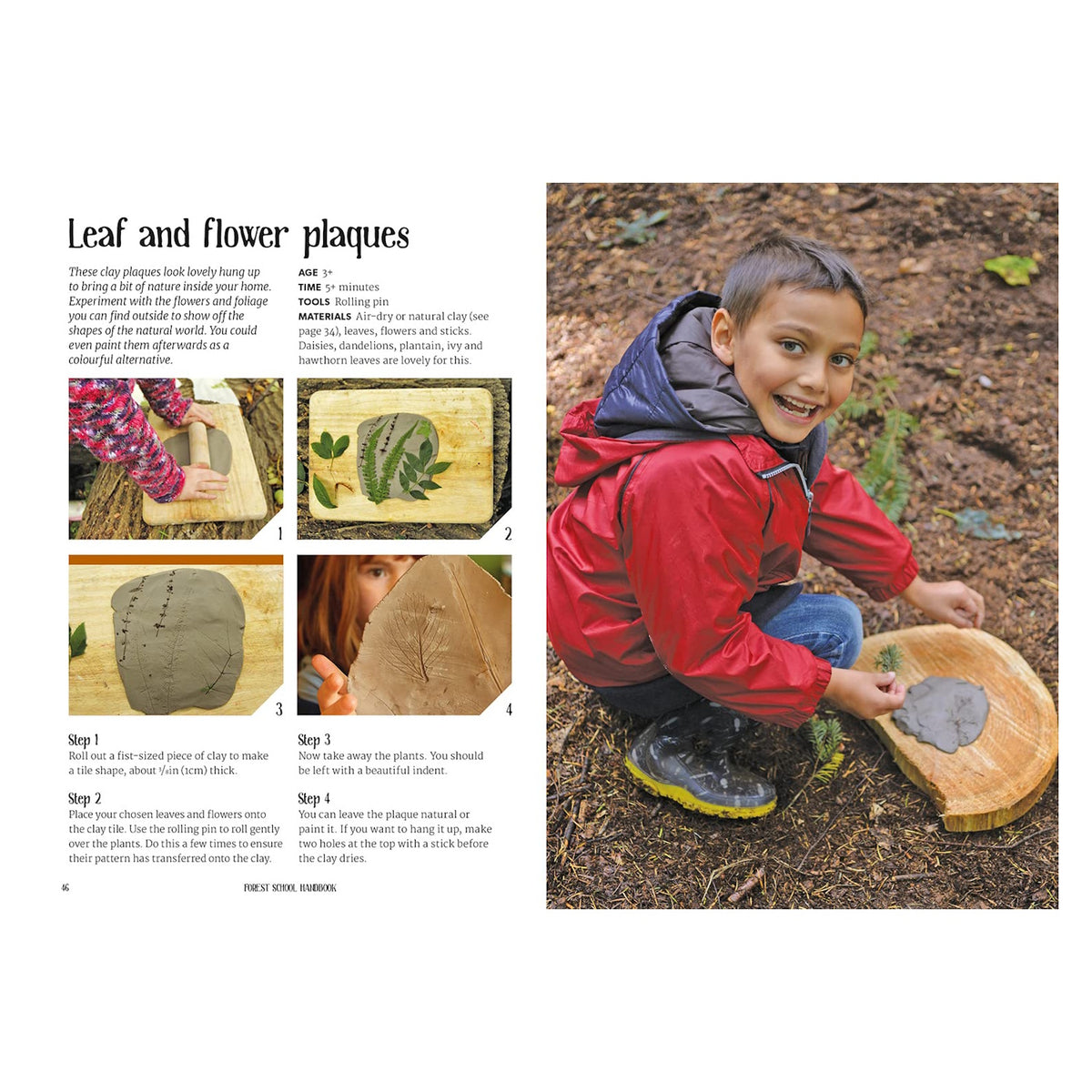 Book page showing steps for leaf and flower clay plaques beside a boy pressing leaves into clay outdoors.