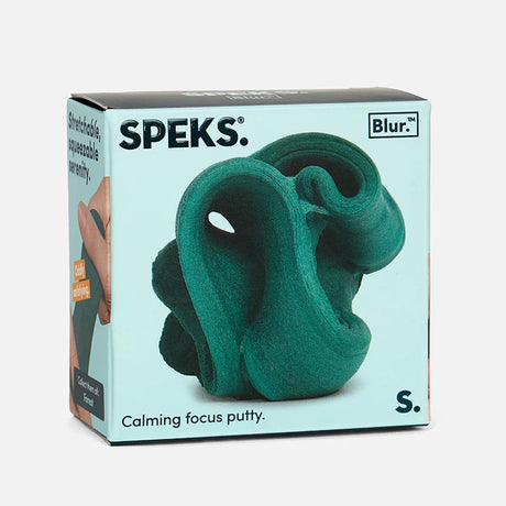 Light-blue box for Speks Blur calming focus putty with a graphic of folded dark-green putty.