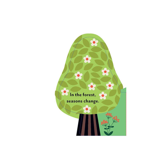 Illustration of a tree with green leaves and white flowers with text reading "In the forest, seasons change."