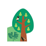 A small bird perched on a branch of a stylized green pear tree filled with fruit.