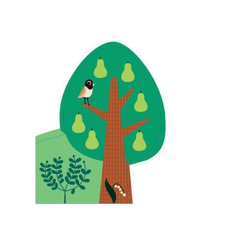 A small bird perched on a branch of a stylized green pear tree filled with fruit.