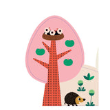 Stylized illustration of baby birds in a nest atop a pink apple tree, with a small hedgehog below.