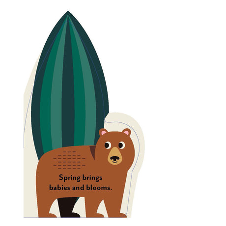 Children's illustration of a brown bear by a pine tree with text, 'Spring brings babies and blooms.'