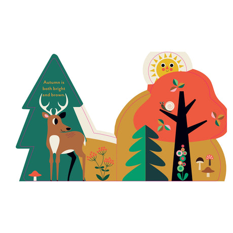 Children's book page showing a deer and snail in an autumn forest with the text "Autumn is both bright and brown."
