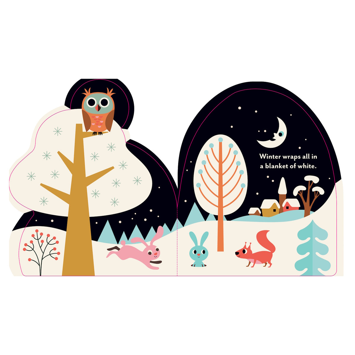 Children's book page showing woodland animals in a snowy winter night landscape under a crescent moon.