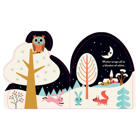 Children's book page showing woodland animals in a snowy winter night landscape under a crescent moon.
