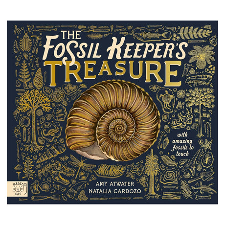 Book cover for The Fossil Keeper's Treasure featuring a large ammonite shell and gold fossil illustrations.