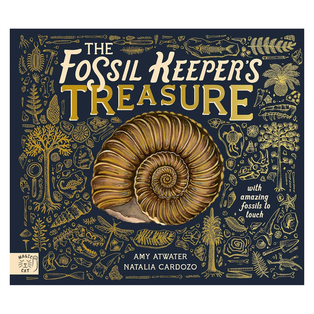 Book cover for The Fossil Keeper's Treasure featuring a large ammonite shell and gold fossil illustrations.