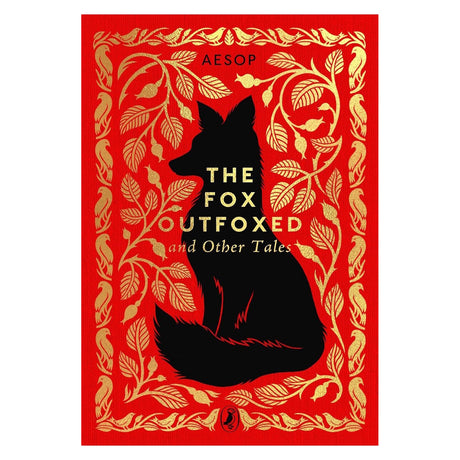 Red book cover titled "The Fox Outfoxed and Other Tales" by Aesop. A black silhouette of a fox is surrounded by intricate gold leaf patterns.