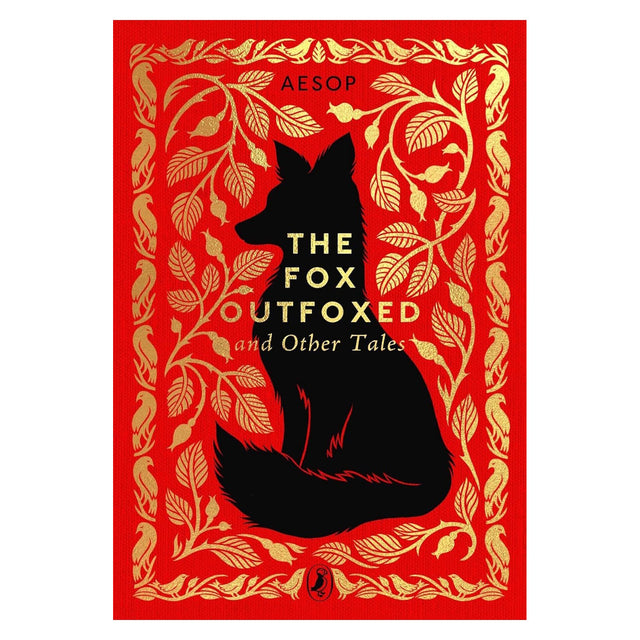 Red book cover titled "The Fox Outfoxed and Other Tales" by Aesop. A black silhouette of a fox is surrounded by intricate gold leaf patterns.