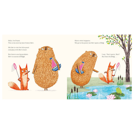 A fox and a large furry creature hold toy boats and nets by a pond. The creature appears nervous, eyeing a frog near the water. The scene is playful and lighthearted.