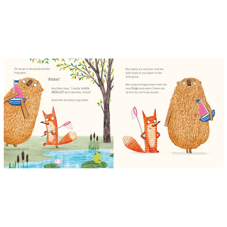 Illustration of a fluffy bear and a fox with nets near a pond. A frog is on a lily pad, and a tree stands behind them. The scene is playful and vibrant.