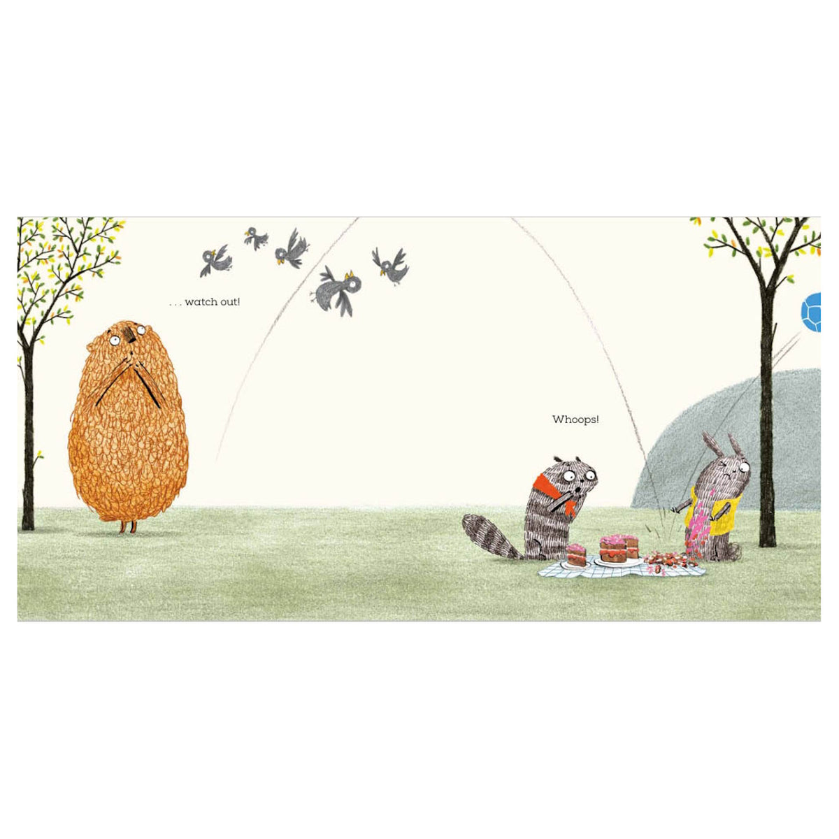 Children's book illustration showing a bear watching a ball fly toward animals at a picnic, spilling cake.