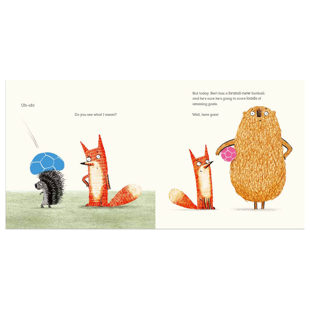 Children's book page showing a hedgehog popping a ball by a fox, and Bert holding a new pink football.
