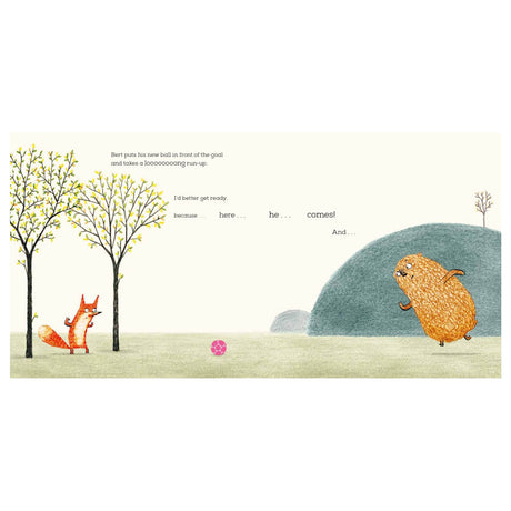 Children's book page showing a bear running toward a pink ball while a fox stands ready between two trees.