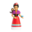 Colorful figurine of a woman with a monkey on her shoulder, wearing a red dress and purple shawl, holds a blue butterfly against a white background.