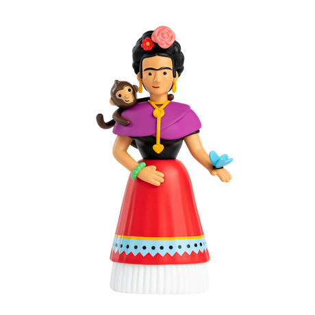 Colorful figurine of a woman with a monkey on her shoulder, wearing a red dress and purple shawl, holds a blue butterfly against a white background.