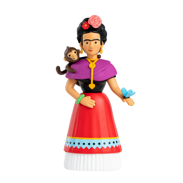 Colorful figurine of a woman with a monkey on her shoulder, wearing a red dress and purple shawl, holds a blue butterfly against a white background.