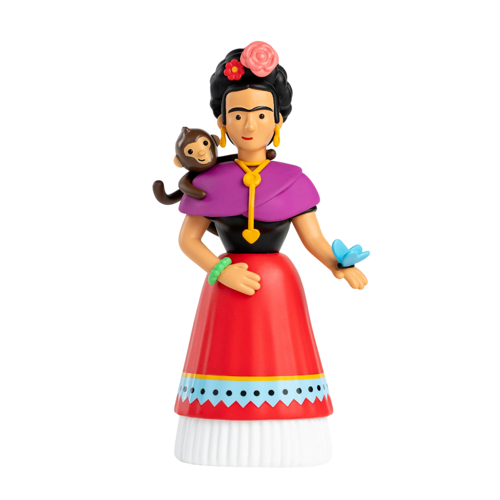 Colorful figurine of a woman with a monkey on her shoulder, wearing a red dress and purple shawl, holds a blue butterfly against a white background.