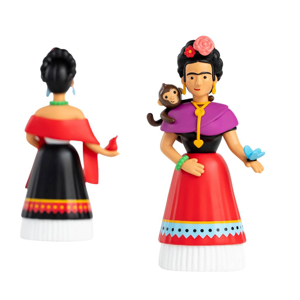 Two colorful figurines on a black background represent a woman with traditional attire, adorned with flowers, a monkey on her shoulder, and a blue butterfly.
