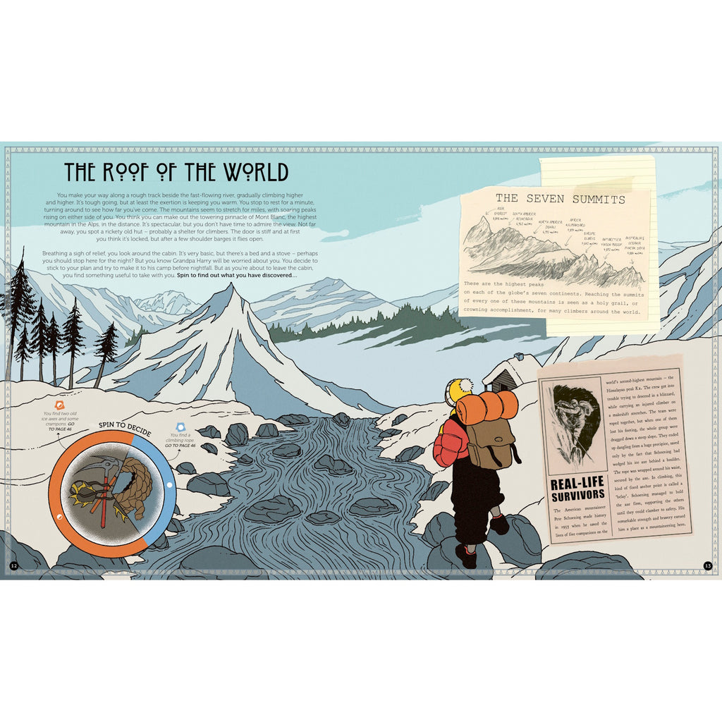 An interactive adventure book where readers spin to make survival choices on a perilous frozen mountain journey, blending storytelling with game play.