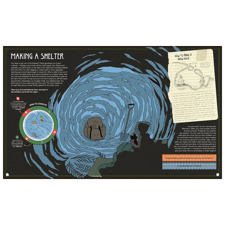 Illustrated guide on making a snow shelter. Central spiral design depicts a snow hole with a shovel and backpack. Text instructions and a drawn note provide additional survival tips. Tone suggests urgency and resourcefulness in a winter environment.
