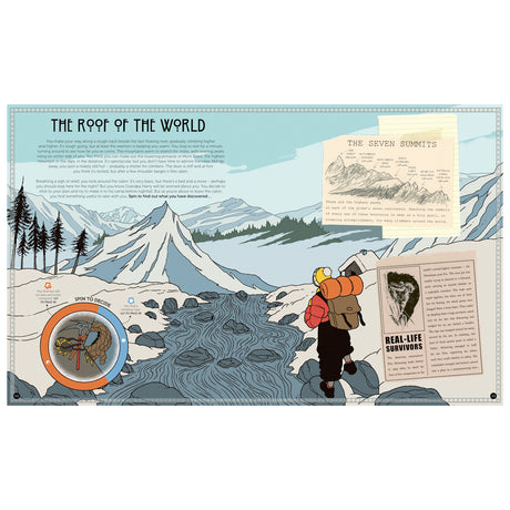 Illustrated scene of a hiker with an orange backpack in snowy mountains. Features text about "The Roof of the World," "The Seven Summits," and "Real-Life Survivors."