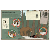 Illustrated guide titled "Dangerous Wildlife" shows a bear, survival tips, and bear tracks. It includes step-by-step actions and real-life survivor stories.